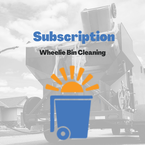 sunwater systems pressure washing truck in background with logo and the words subscription wheelie bin cleaning